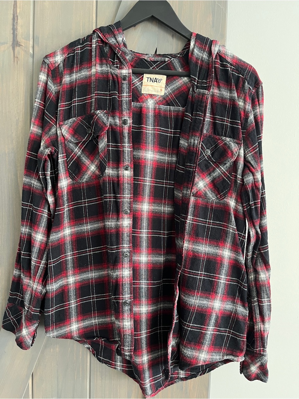TNA Women’s Red & Black Plaid Hooded Flannel Shirt